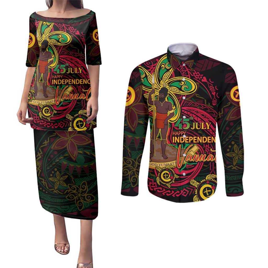 Custom Vanuatu 45th Independence Anniversary Couples Matching Puletasi and Long Sleeve Button Shirt Flower Melanesian Namele Turtle - Polynesian Pride