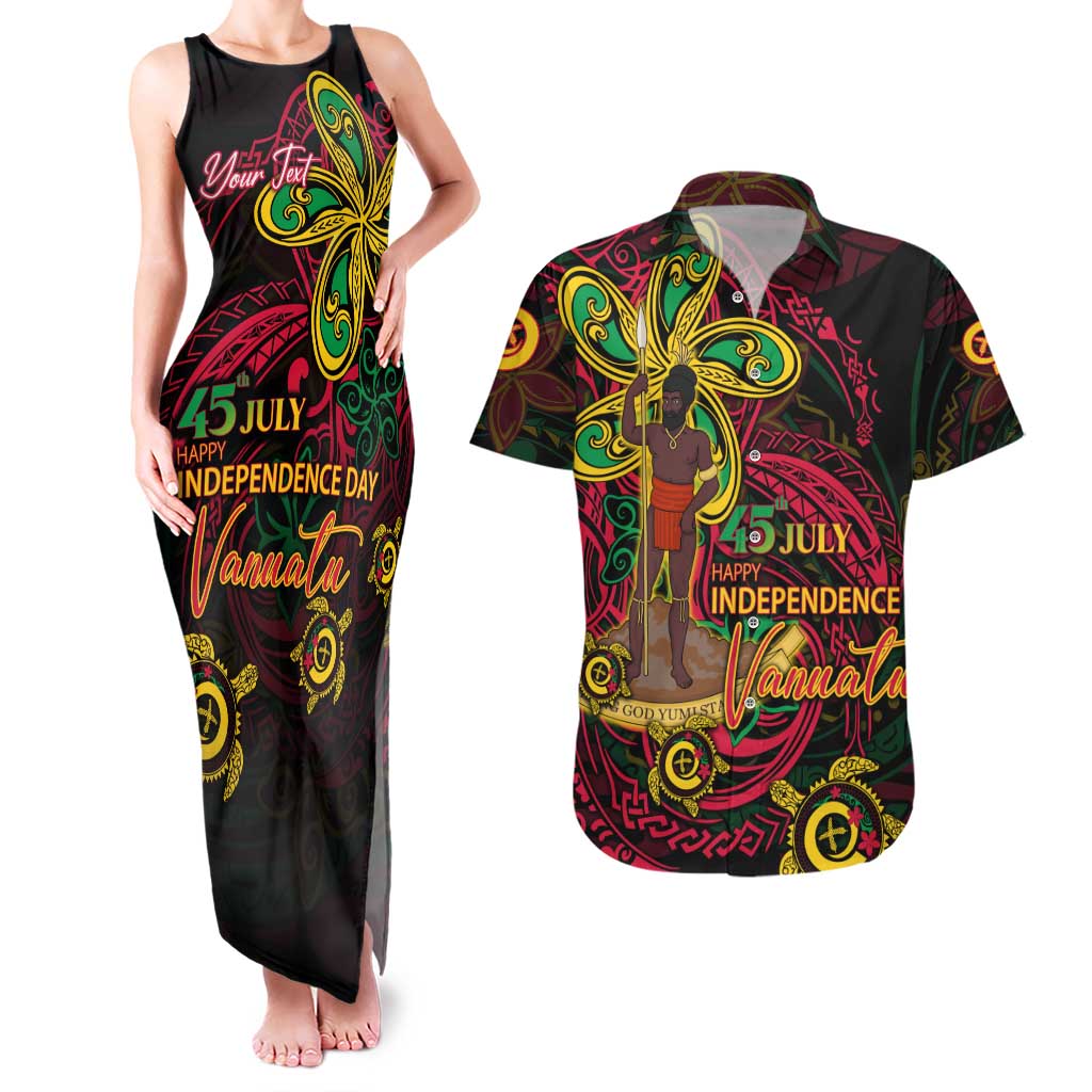 Custom Vanuatu 45th Independence Anniversary Couples Matching Tank Maxi Dress and Hawaiian Shirt Flower Melanesian Namele Turtle - Polynesian Pride