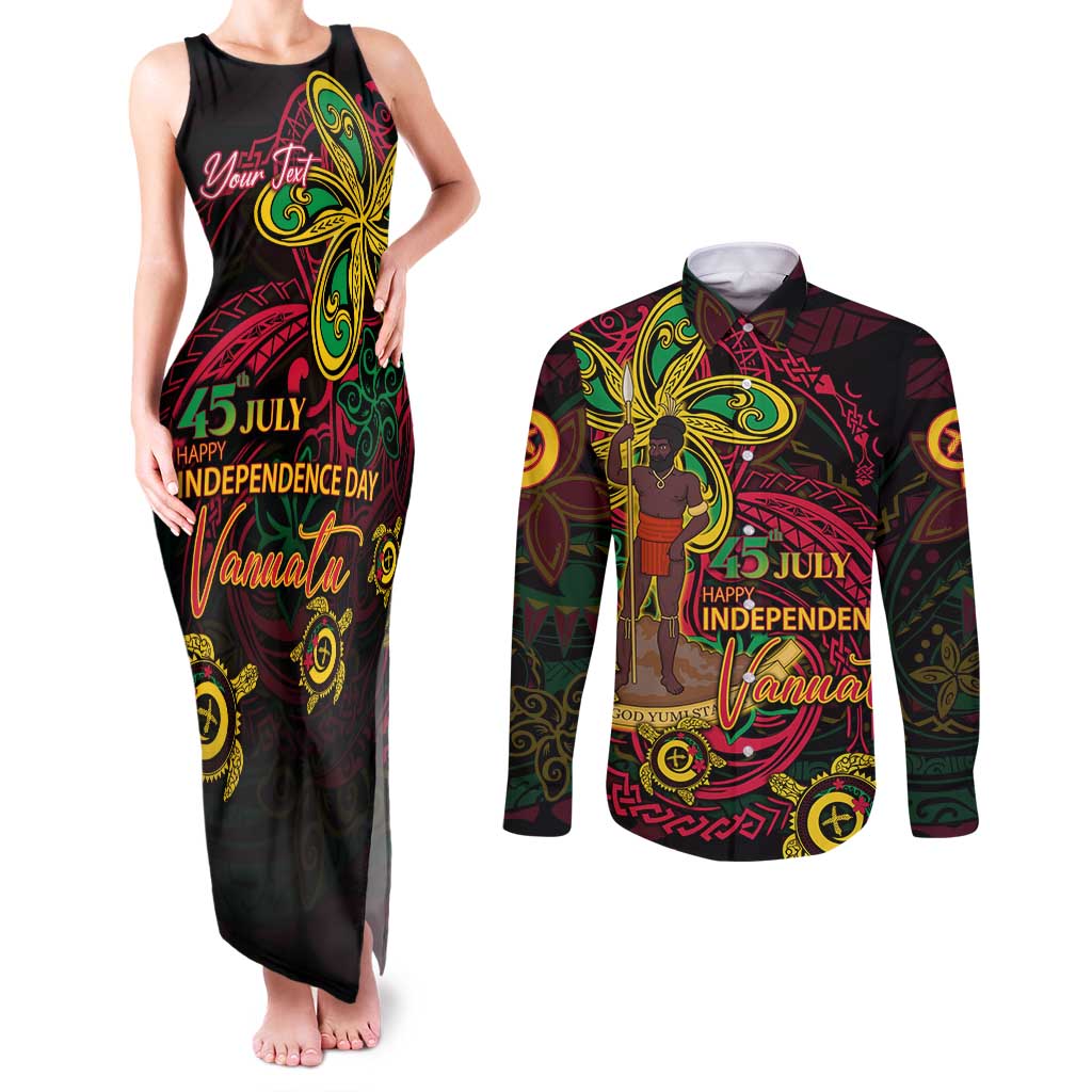 Custom Vanuatu 45th Independence Anniversary Couples Matching Tank Maxi Dress and Long Sleeve Button Shirt Flower Melanesian Namele Turtle - Polynesian Pride