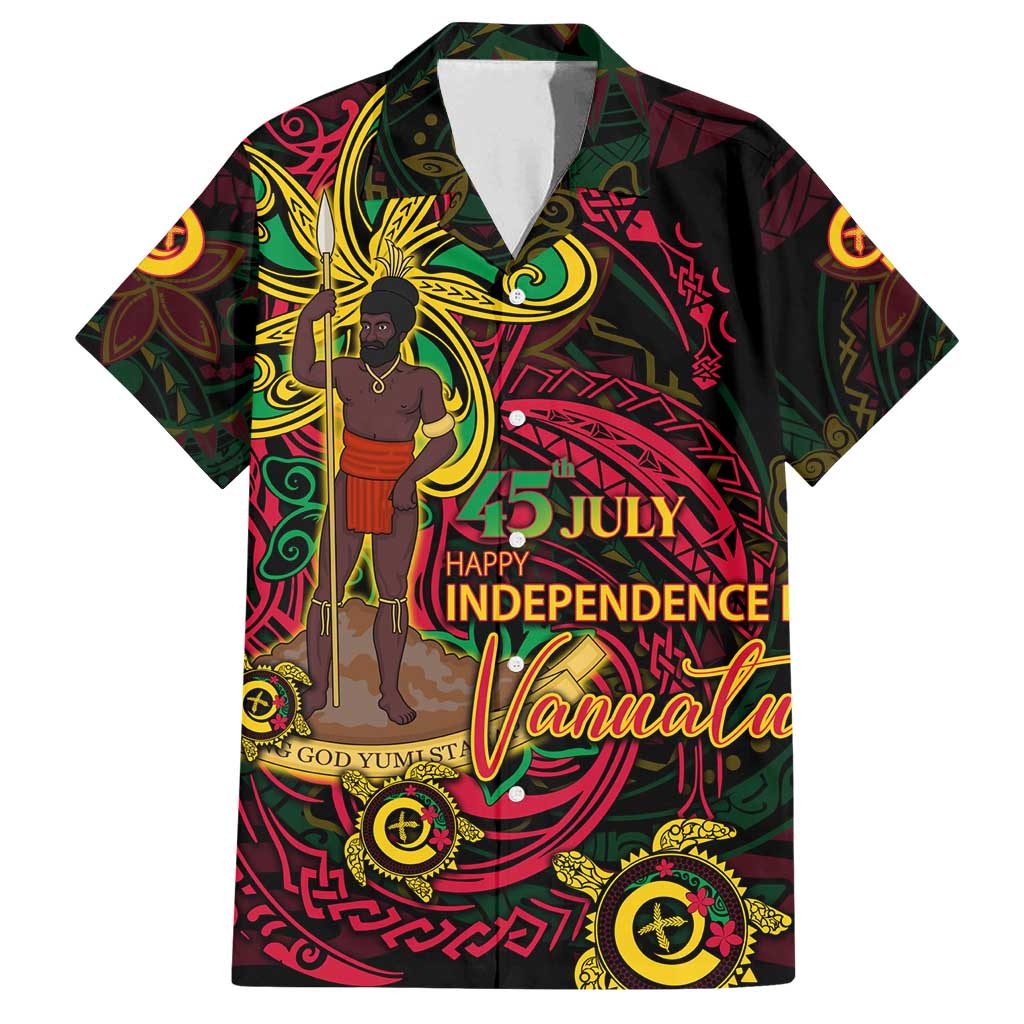 Custom Vanuatu 45th Independence Anniversary Family Matching Long Sleeve Bodycon Dress and Hawaiian Shirt Flower Melanesian Namele Turtle DT02 Dad's Shirt - Short Sleeve Black - Polynesian Pride