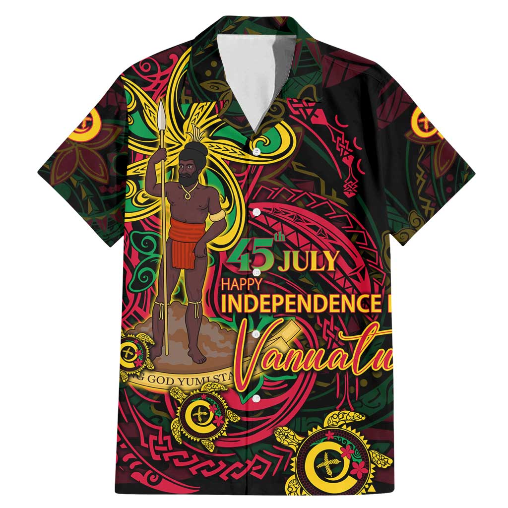 Custom Vanuatu 45th Independence Anniversary Family Matching Mermaid Dress and Hawaiian Shirt Flower Melanesian Namele Turtle DT02 Dad's Shirt - Short Sleeve Black - Polynesian Pride