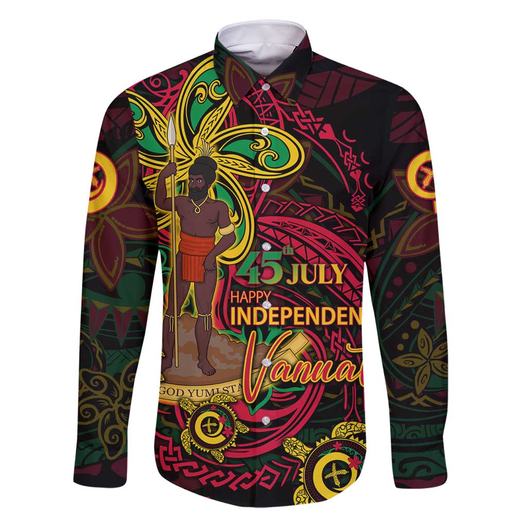 Custom Vanuatu 45th Independence Anniversary Family Matching Mermaid Dress and Hawaiian Shirt Flower Melanesian Namele Turtle DT02 Dad's Shirt - Long Sleeve Black - Polynesian Pride