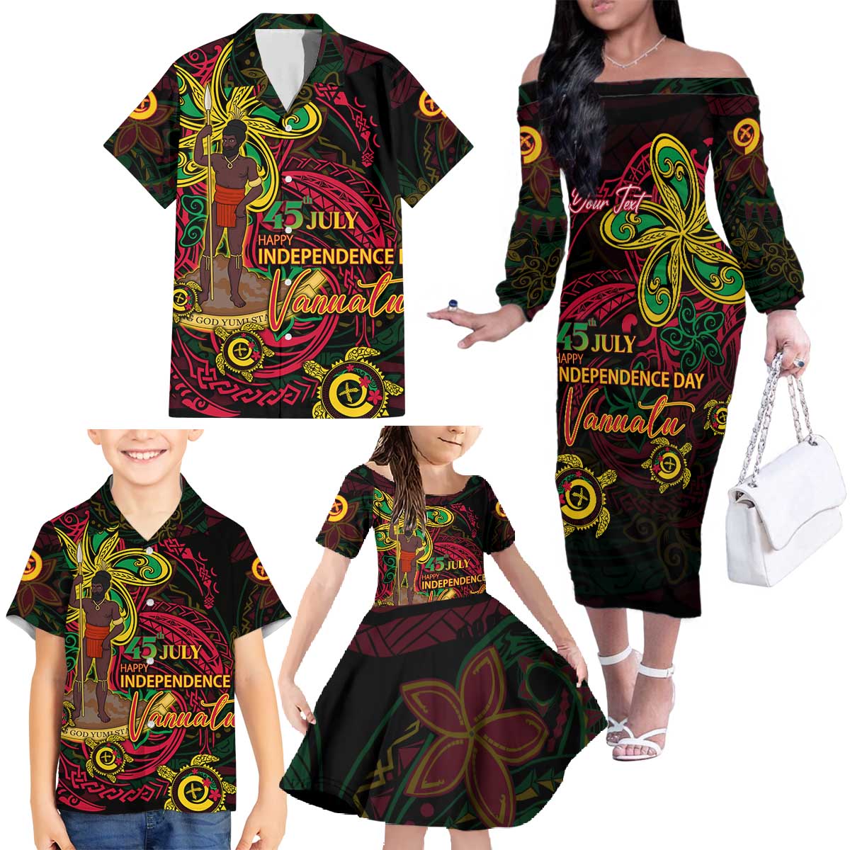 Custom Vanuatu 45th Independence Anniversary Family Matching Off The Shoulder Long Sleeve Dress and Hawaiian Shirt Flower Melanesian Namele Turtle DT02 - Polynesian Pride
