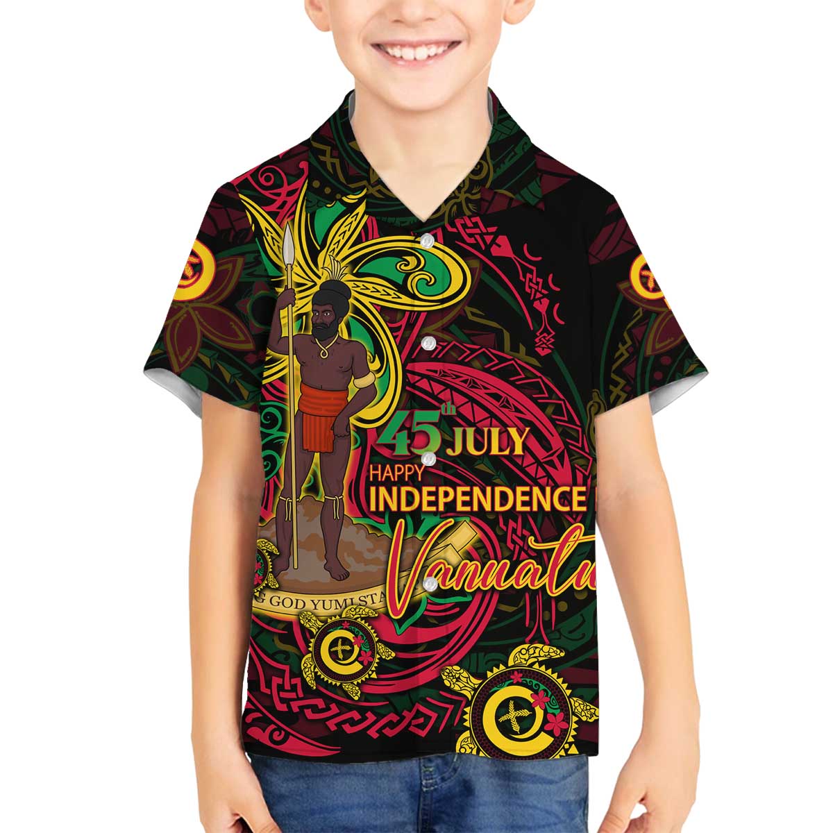 Custom Vanuatu 45th Independence Anniversary Family Matching Off The Shoulder Long Sleeve Dress and Hawaiian Shirt Flower Melanesian Namele Turtle DT02 Son's Shirt Black - Polynesian Pride