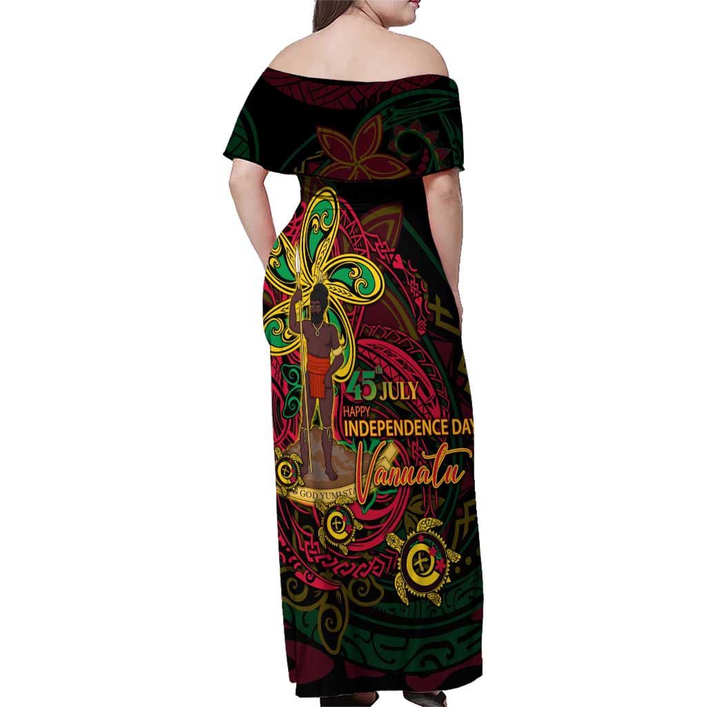 Custom Vanuatu 45th Independence Anniversary Family Matching Off Shoulder Maxi Dress and Hawaiian Shirt Flower Melanesian Namele Turtle DT02 - Polynesian Pride