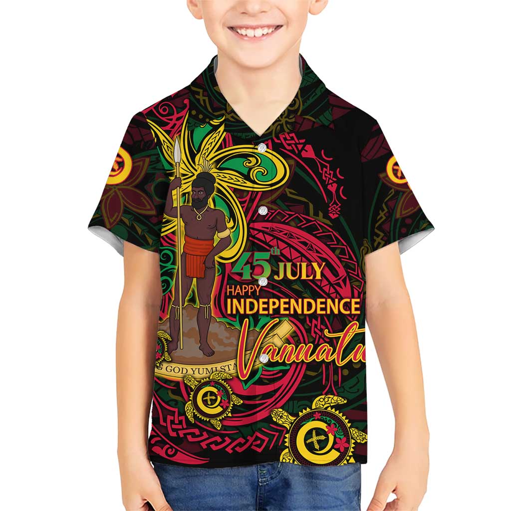 Custom Vanuatu 45th Independence Anniversary Kid Hawaiian Shirt Flower Melanesian Namele Turtle - Polynesian Pride