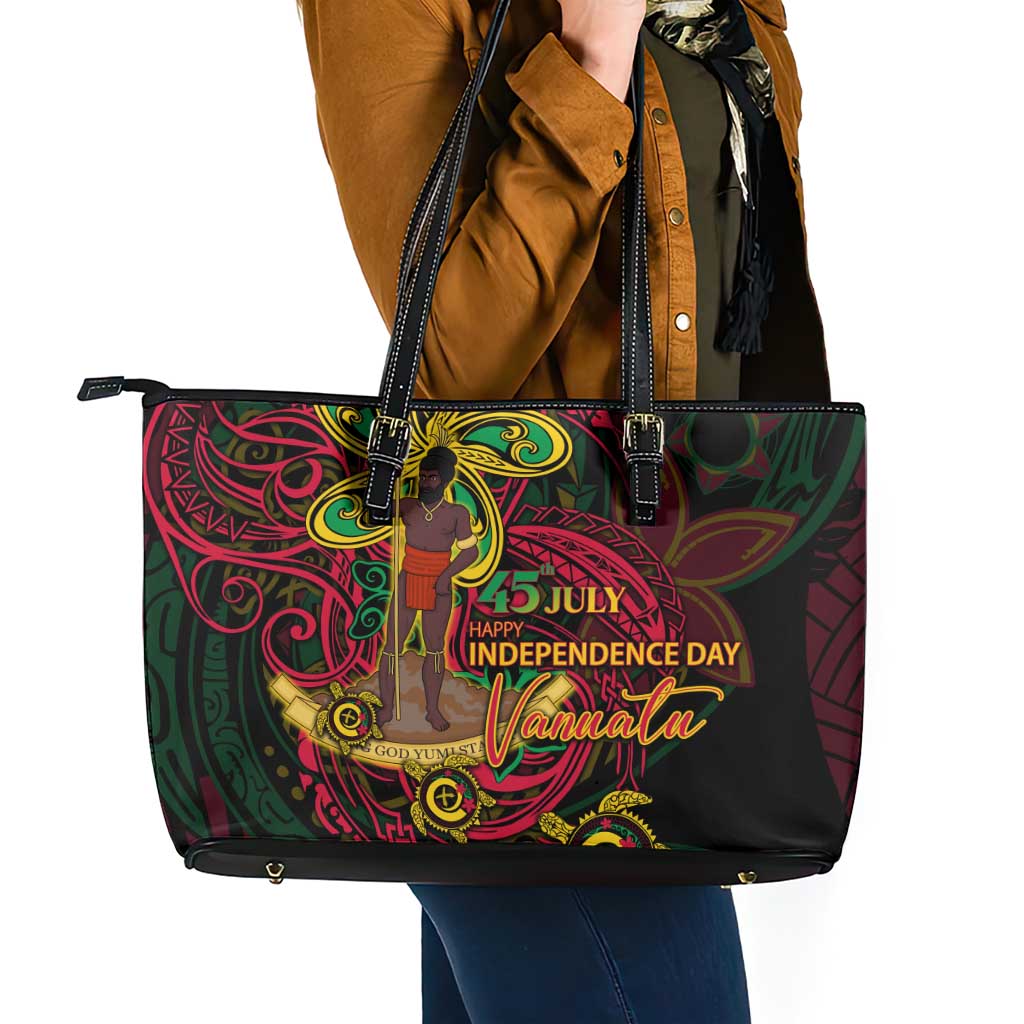 Vanuatu 45th Independence Anniversary Leather Tote Bag Flower Melanesian Namele Turtle - Polynesian Pride
