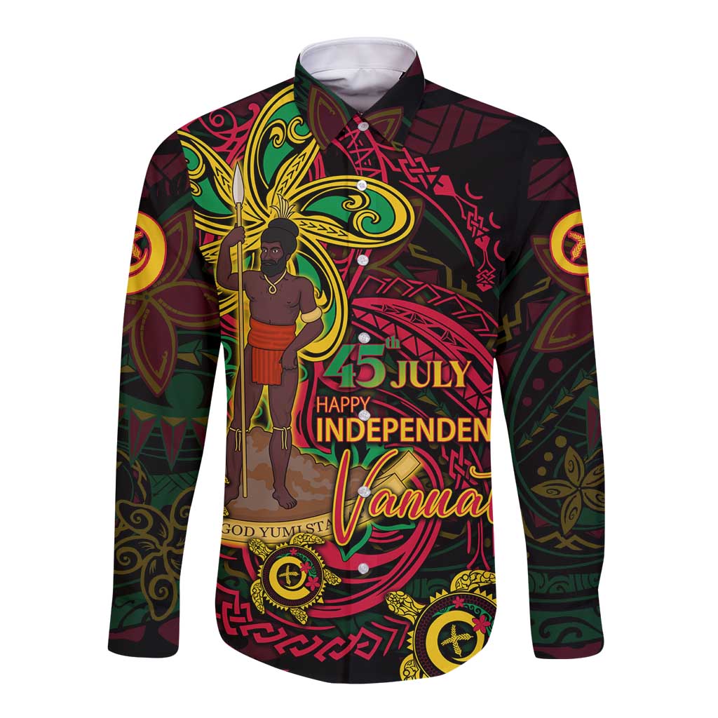 Custom Vanuatu 45th Independence Anniversary Long Sleeve Button Shirt Flower Melanesian Namele Turtle - Polynesian Pride