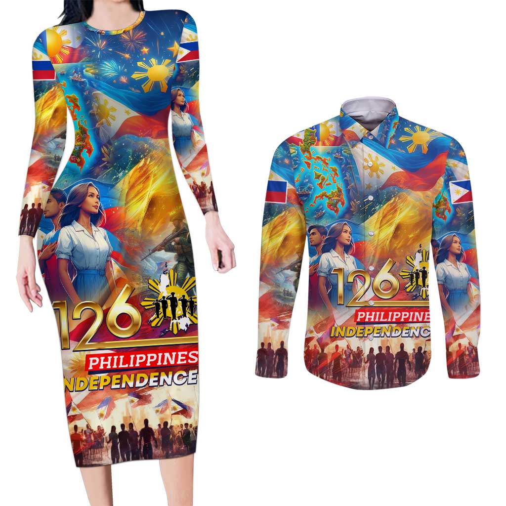 Custom The Philippines 126th Independence Anniversary Couples Matching Long Sleeve Bodycon Dress and Long Sleeve Button Shirt Art Style DT02 Art - Polynesian Pride