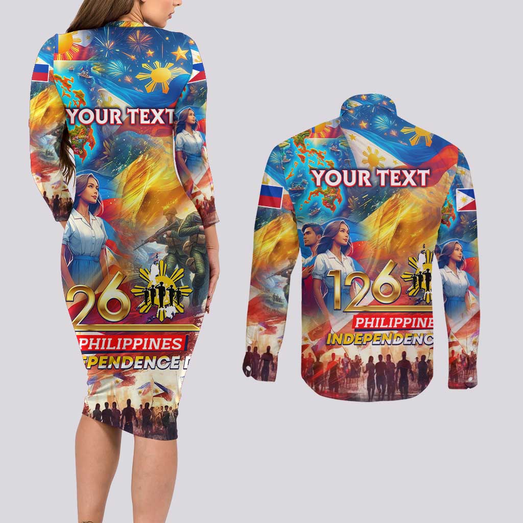 Custom The Philippines 126th Independence Anniversary Couples Matching Long Sleeve Bodycon Dress and Long Sleeve Button Shirt Art Style DT02 - Polynesian Pride