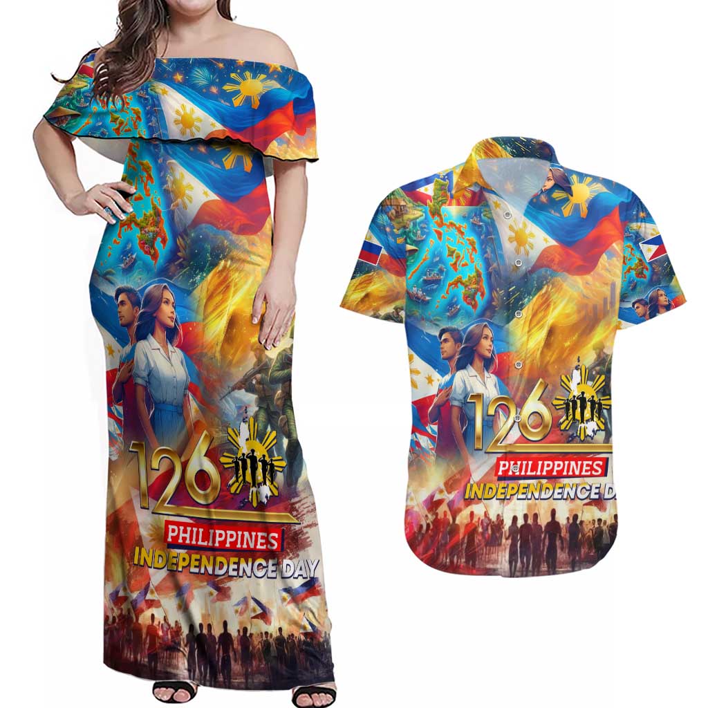 Custom The Philippines 126th Independence Anniversary Couples Matching Off Shoulder Maxi Dress and Hawaiian Shirt Art Style - Polynesian Pride
