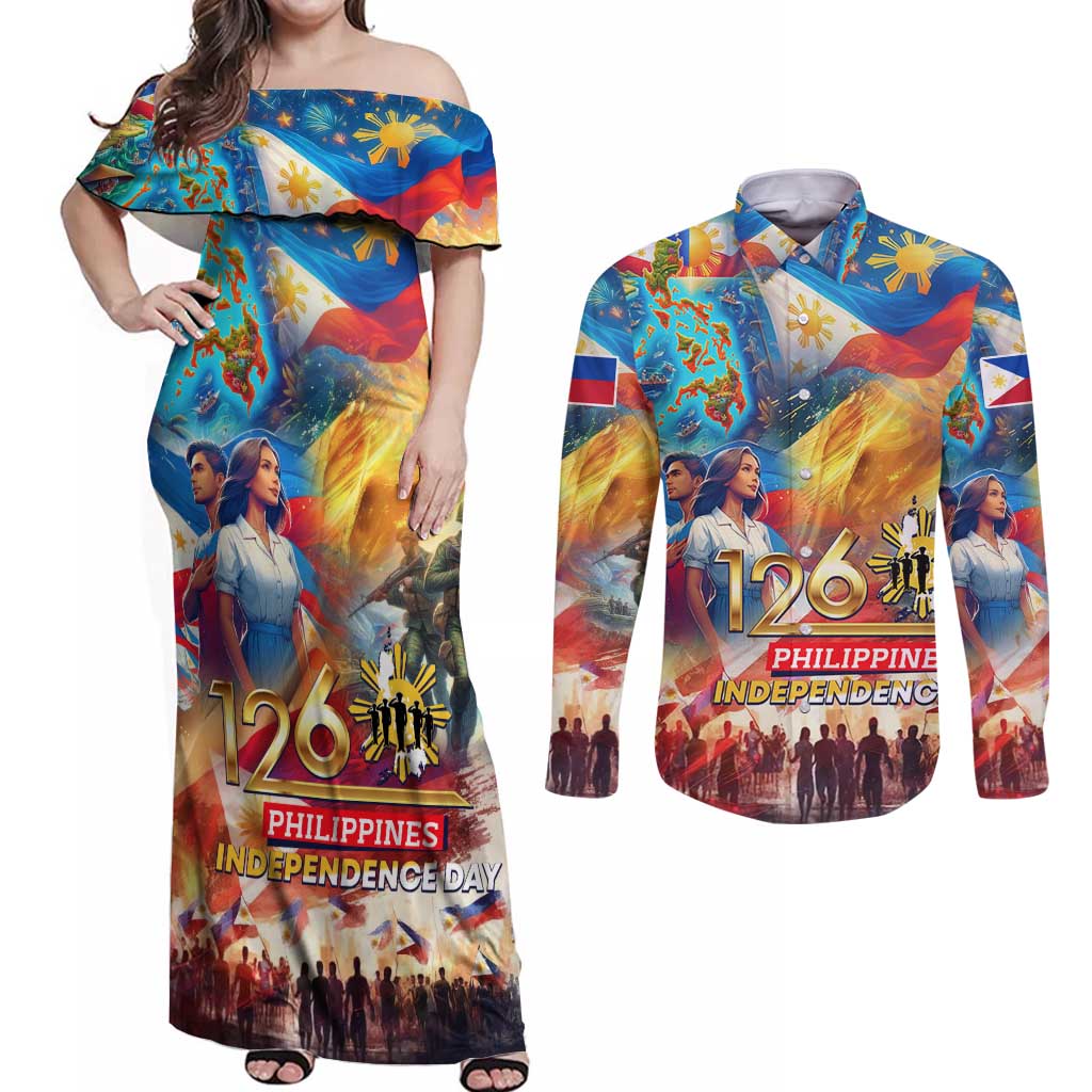 Custom The Philippines 126th Independence Anniversary Couples Matching Off Shoulder Maxi Dress and Long Sleeve Button Shirt Art Style - Polynesian Pride