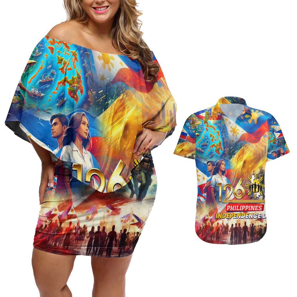 Custom The Philippines 126th Independence Anniversary Couples Matching Off Shoulder Short Dress and Hawaiian Shirt Art Style DT02 Art - Polynesian Pride