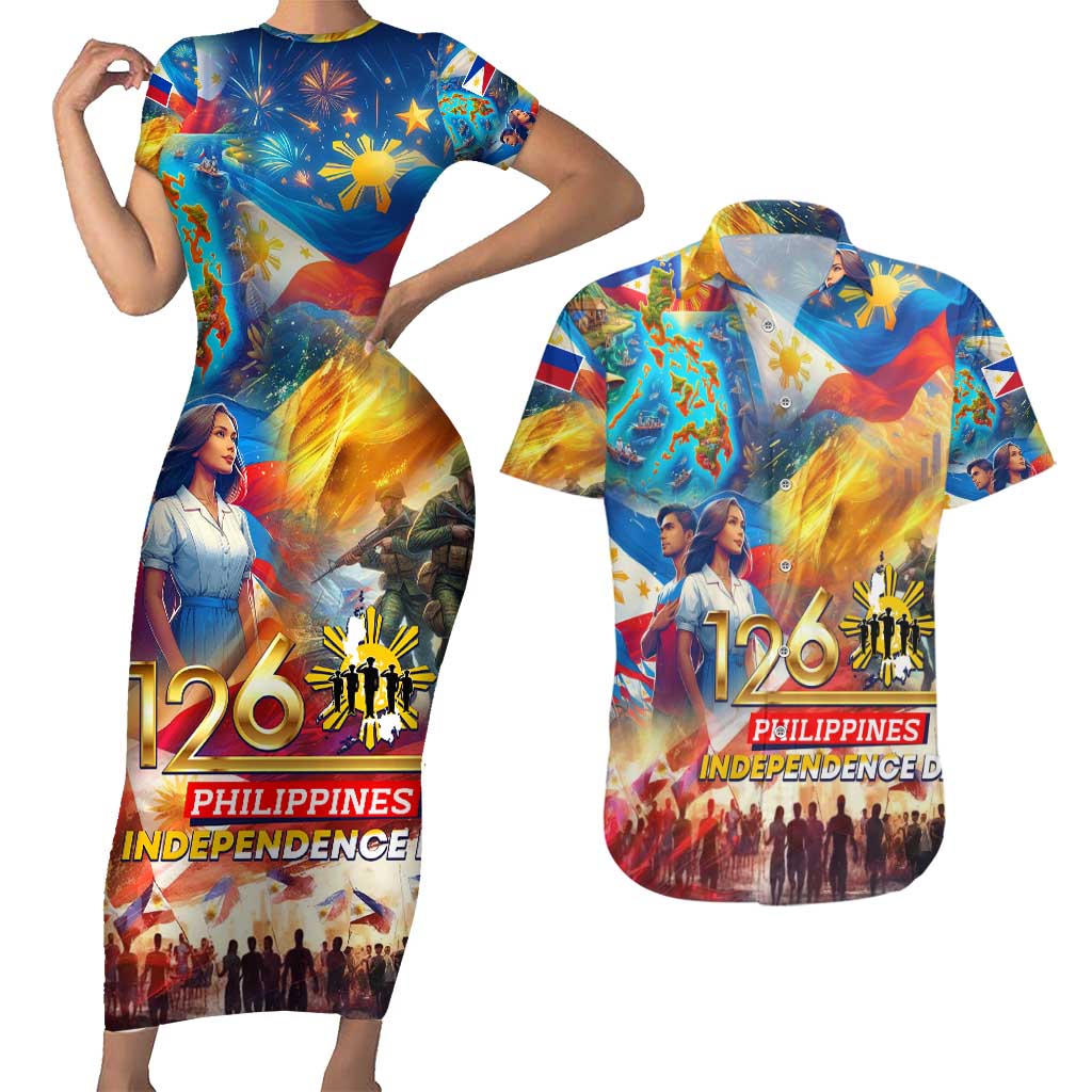 Custom The Philippines 126th Independence Anniversary Couples Matching Short Sleeve Bodycon Dress and Hawaiian Shirt Art Style DT02 Art - Polynesian Pride