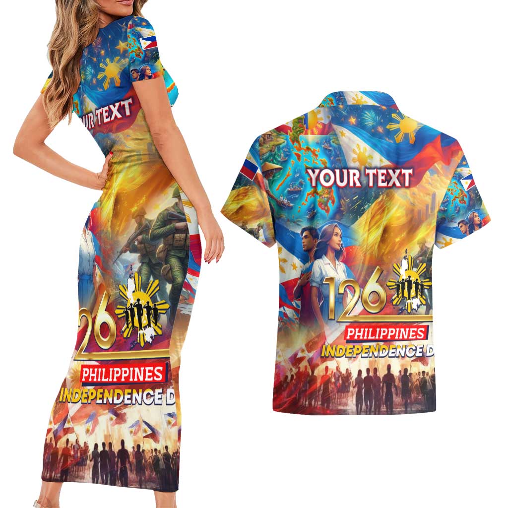 Custom The Philippines 126th Independence Anniversary Couples Matching Short Sleeve Bodycon Dress and Hawaiian Shirt Art Style DT02 - Polynesian Pride