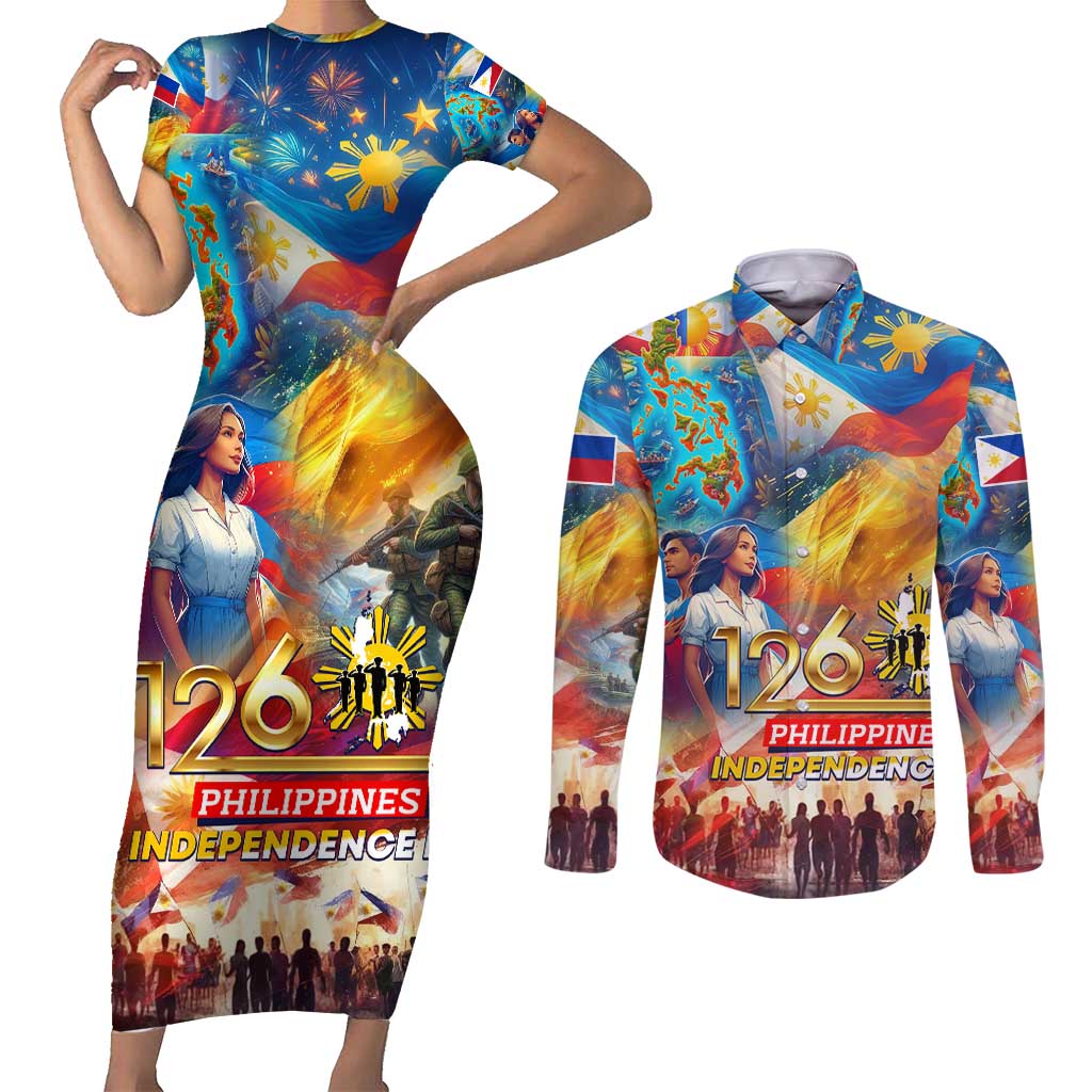 Custom The Philippines 126th Independence Anniversary Couples Matching Short Sleeve Bodycon Dress and Long Sleeve Button Shirt Art Style DT02 Art - Polynesian Pride