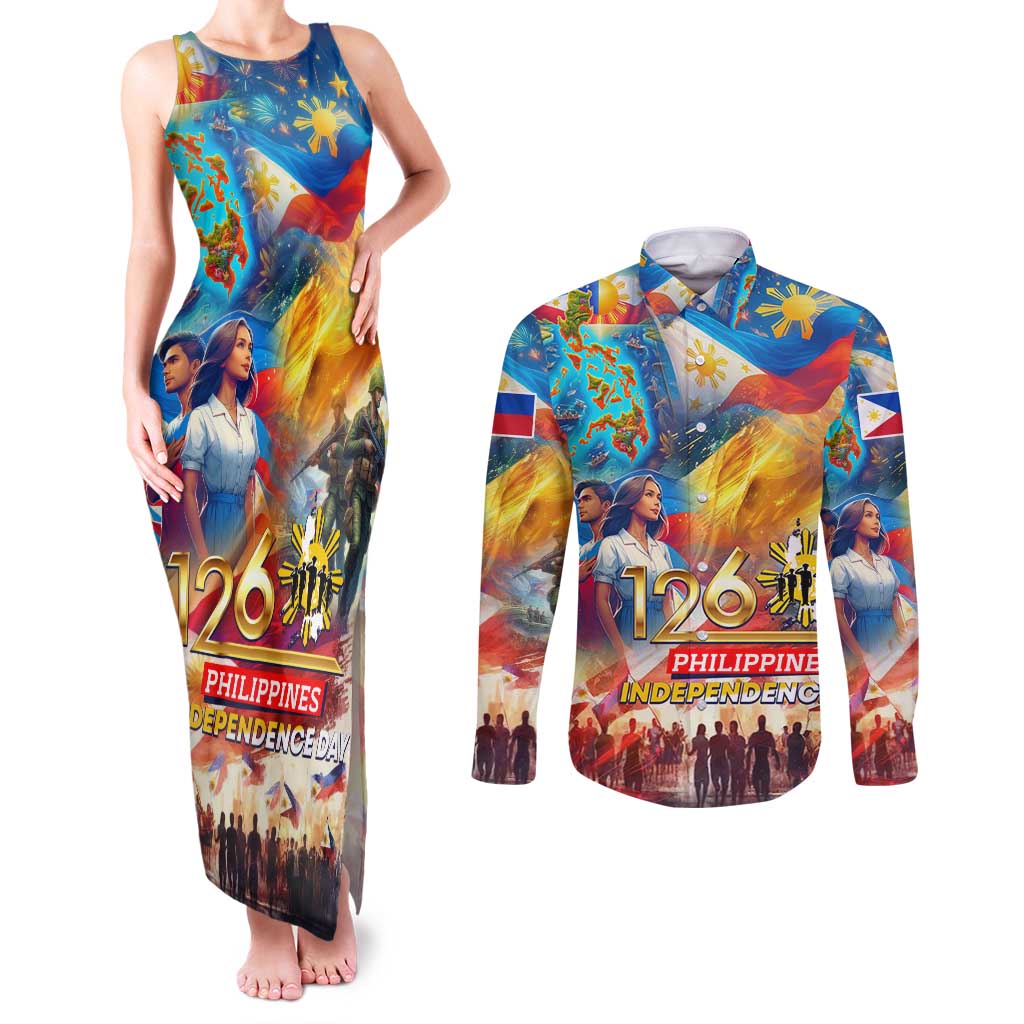Custom The Philippines 126th Independence Anniversary Couples Matching Tank Maxi Dress and Long Sleeve Button Shirt Art Style - Polynesian Pride
