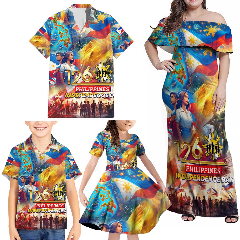 Custom The Philippines 126th Independence Anniversary Family Matching Off Shoulder Maxi Dress and Hawaiian Shirt Art Style DT02 - Polynesian Pride