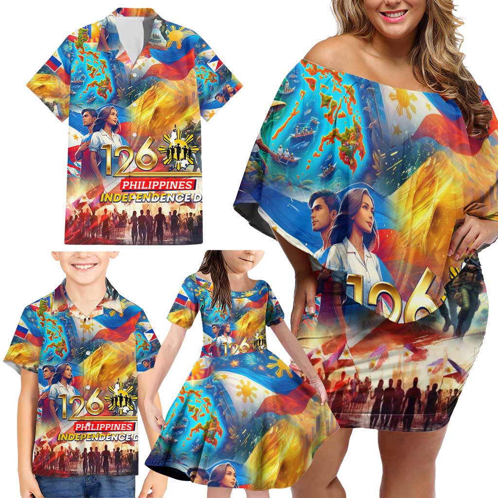 Custom The Philippines 126th Independence Anniversary Family Matching Off Shoulder Short Dress and Hawaiian Shirt Art Style DT02 - Polynesian Pride