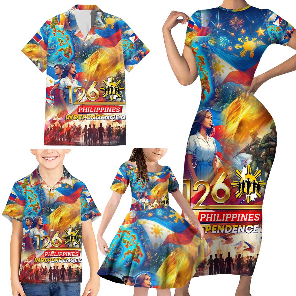 Custom The Philippines 126th Independence Anniversary Family Matching Short Sleeve Bodycon Dress and Hawaiian Shirt Art Style DT02 - Polynesian Pride