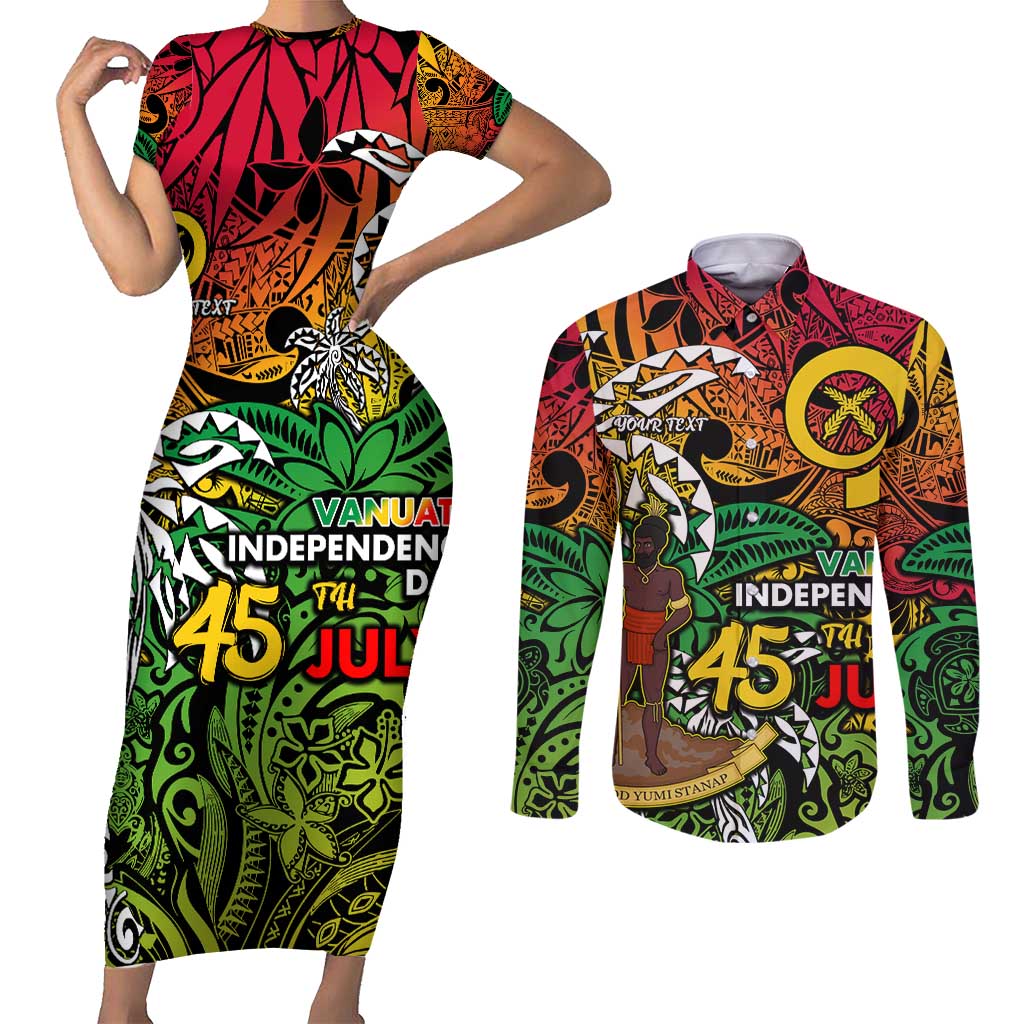 Personalized Vanuatu 45th Independence Anniversary Couples Matching Short Sleeve Bodycon Dress and Long Sleeve Button Shirt Melanesian Pattern Reggae DT02 Art - Polynesian Pride