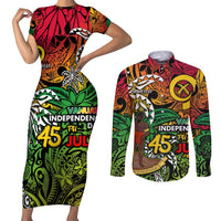 Personalized Vanuatu 45th Independence Anniversary Couples Matching Short Sleeve Bodycon Dress and Long Sleeve Button Shirt Melanesian Pattern Reggae DT02 Art - Polynesian Pride