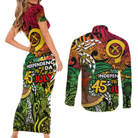 Personalized Vanuatu 45th Independence Anniversary Couples Matching Short Sleeve Bodycon Dress and Long Sleeve Button Shirt Melanesian Pattern Reggae DT02 - Polynesian Pride