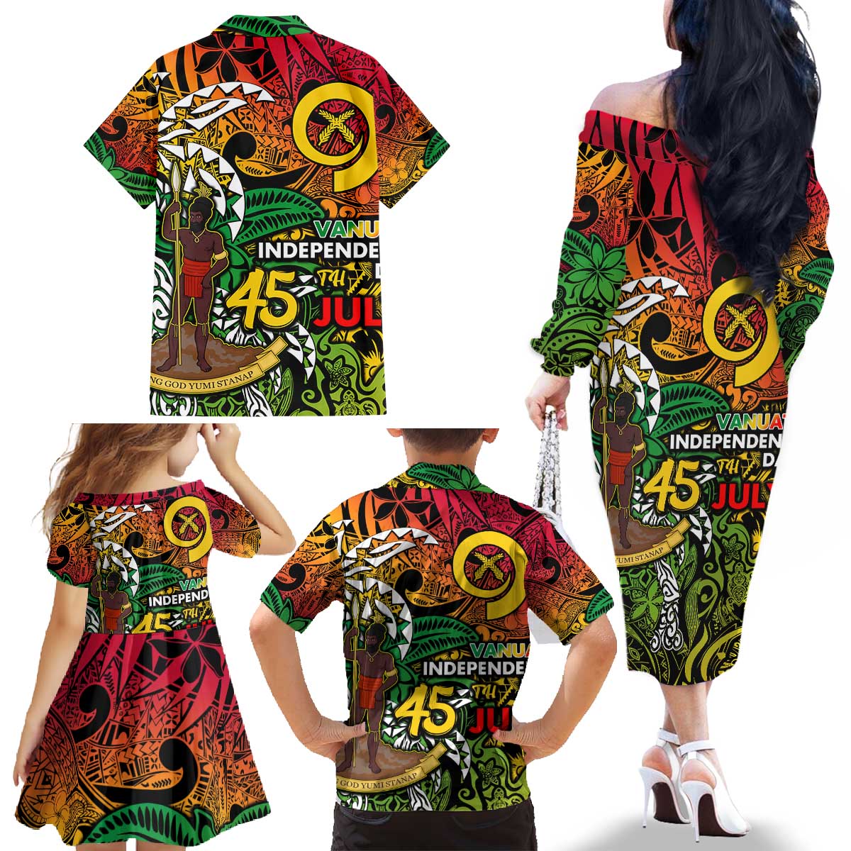 Personalized Vanuatu 45th Independence Anniversary Family Matching Off The Shoulder Long Sleeve Dress and Hawaiian Shirt Melanesian Pattern Reggae DT02 - Polynesian Pride