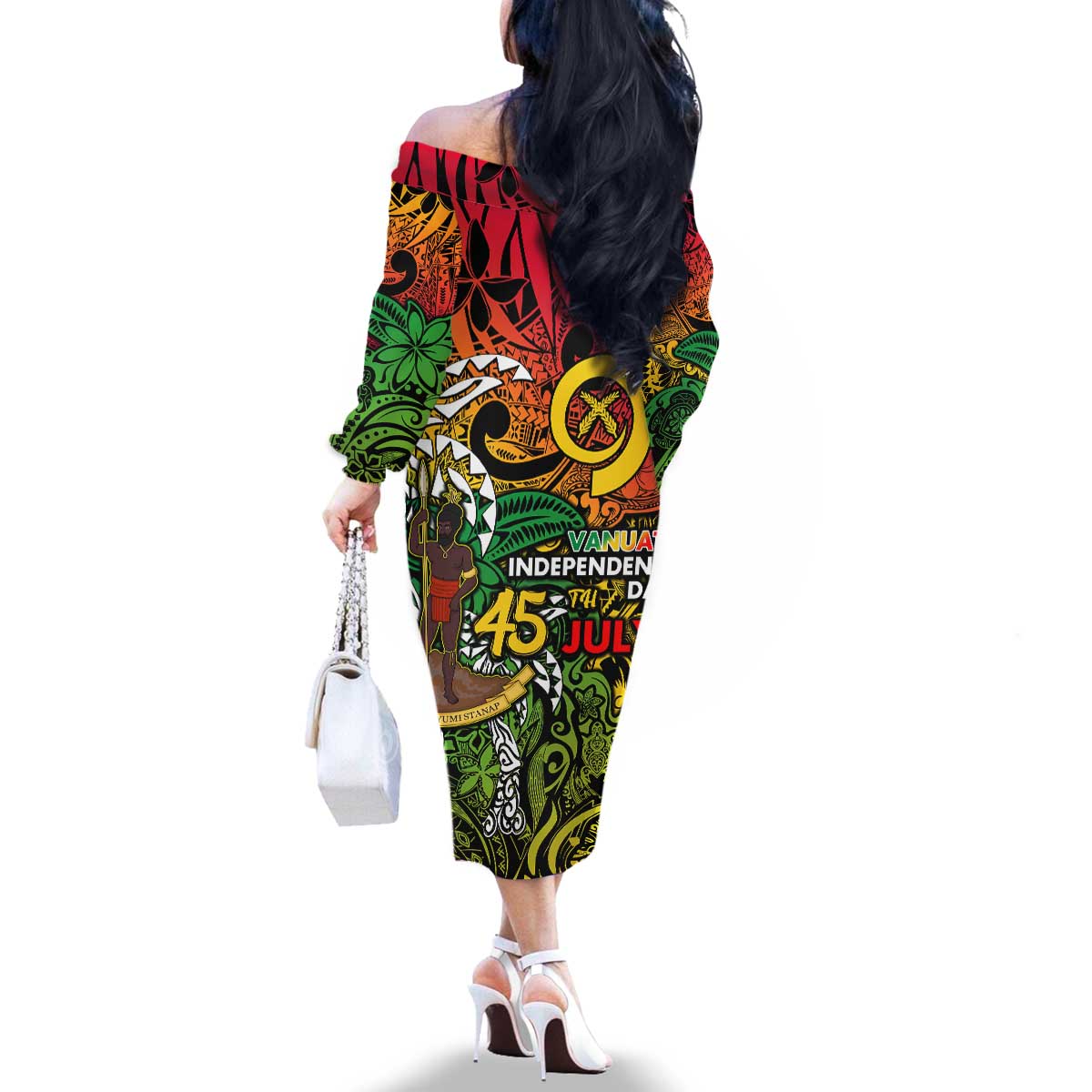 Personalized Vanuatu 45th Independence Anniversary Family Matching Off The Shoulder Long Sleeve Dress and Hawaiian Shirt Melanesian Pattern Reggae DT02 - Polynesian Pride