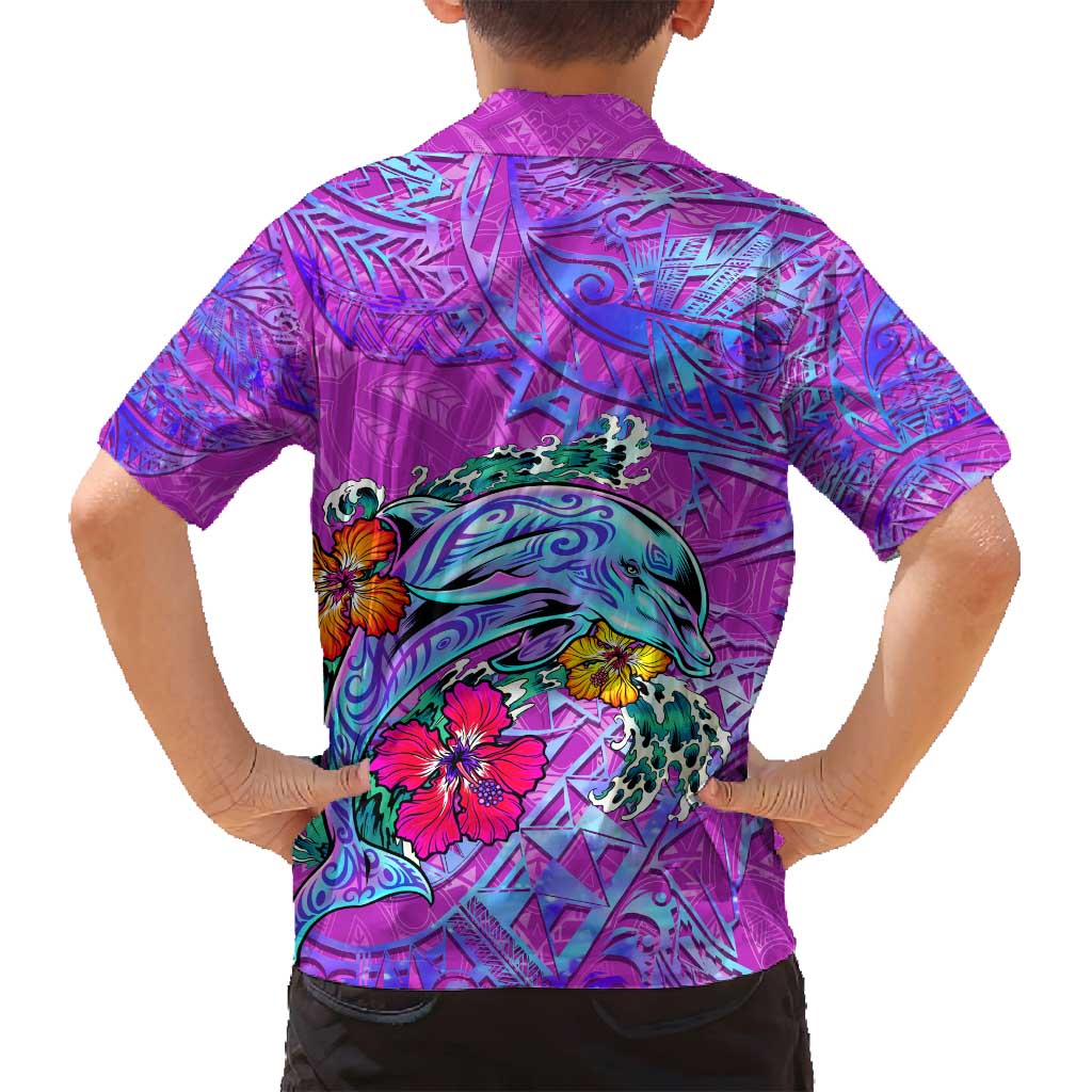 Dolphin Polynesia Family Matching Long Sleeve Bodycon Dress and Hawaiian Shirt Hibiscus Tropical Wave - Purple Vibes DT02 - Polynesian Pride