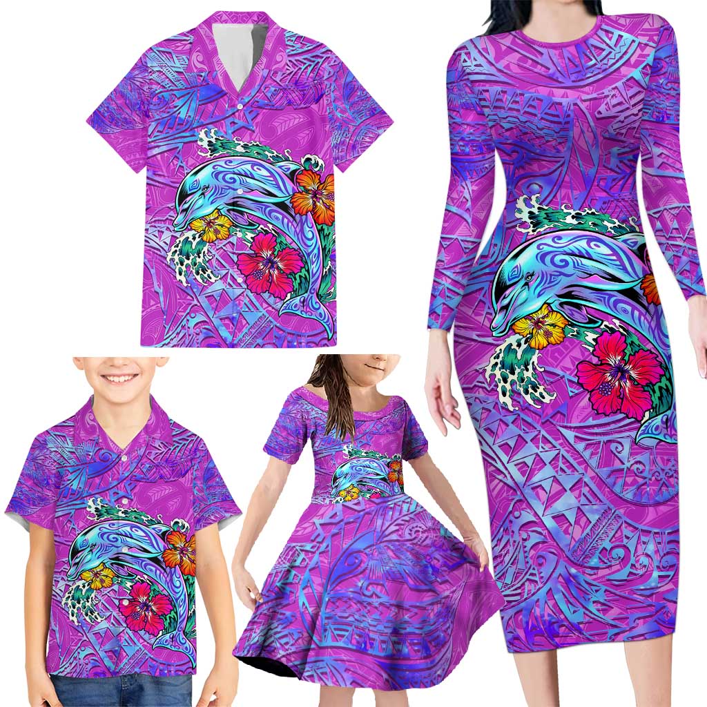 Dolphin Polynesia Family Matching Long Sleeve Bodycon Dress and Hawaiian Shirt Hibiscus Tropical Wave - Purple Vibes DT02 - Polynesian Pride