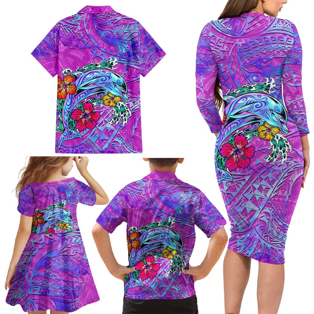 Dolphin Polynesia Family Matching Long Sleeve Bodycon Dress and Hawaiian Shirt Hibiscus Tropical Wave - Purple Vibes DT02 - Polynesian Pride
