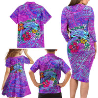 Dolphin Polynesia Family Matching Long Sleeve Bodycon Dress and Hawaiian Shirt Hibiscus Tropical Wave - Purple Vibes DT02 - Polynesian Pride