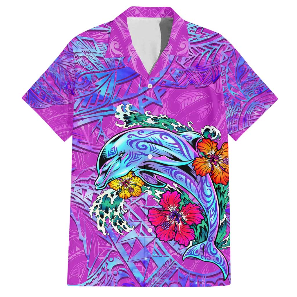 Dolphin Polynesia Family Matching Long Sleeve Bodycon Dress and Hawaiian Shirt Hibiscus Tropical Wave - Purple Vibes DT02 Dad's Shirt - Short Sleeve Purple - Polynesian Pride