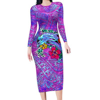 Dolphin Polynesia Family Matching Long Sleeve Bodycon Dress and Hawaiian Shirt Hibiscus Tropical Wave - Purple Vibes DT02 Mom's Dress Purple - Polynesian Pride
