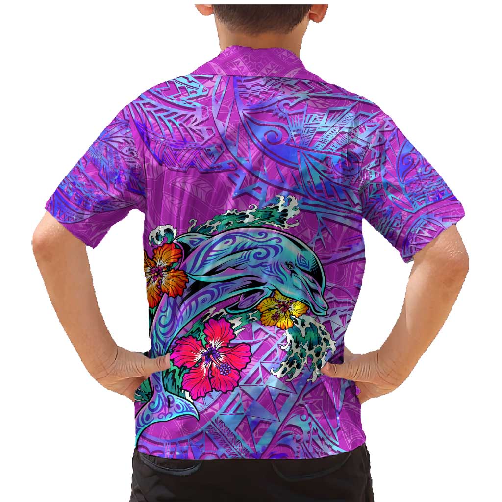 Dolphin Polynesia Family Matching Mermaid Dress and Hawaiian Shirt Hibiscus Tropical Wave - Purple Vibes DT02 - Polynesian Pride