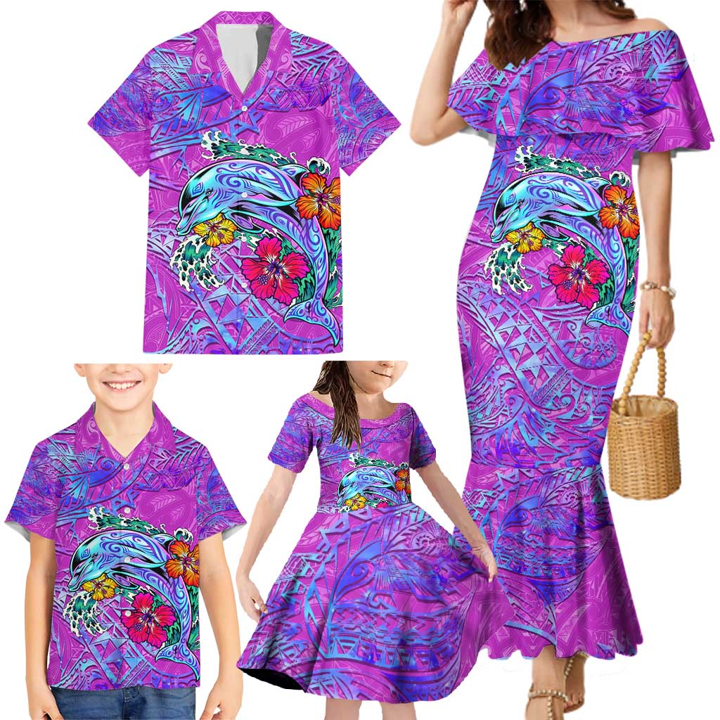 Dolphin Polynesia Family Matching Mermaid Dress and Hawaiian Shirt Hibiscus Tropical Wave - Purple Vibes DT02 - Polynesian Pride