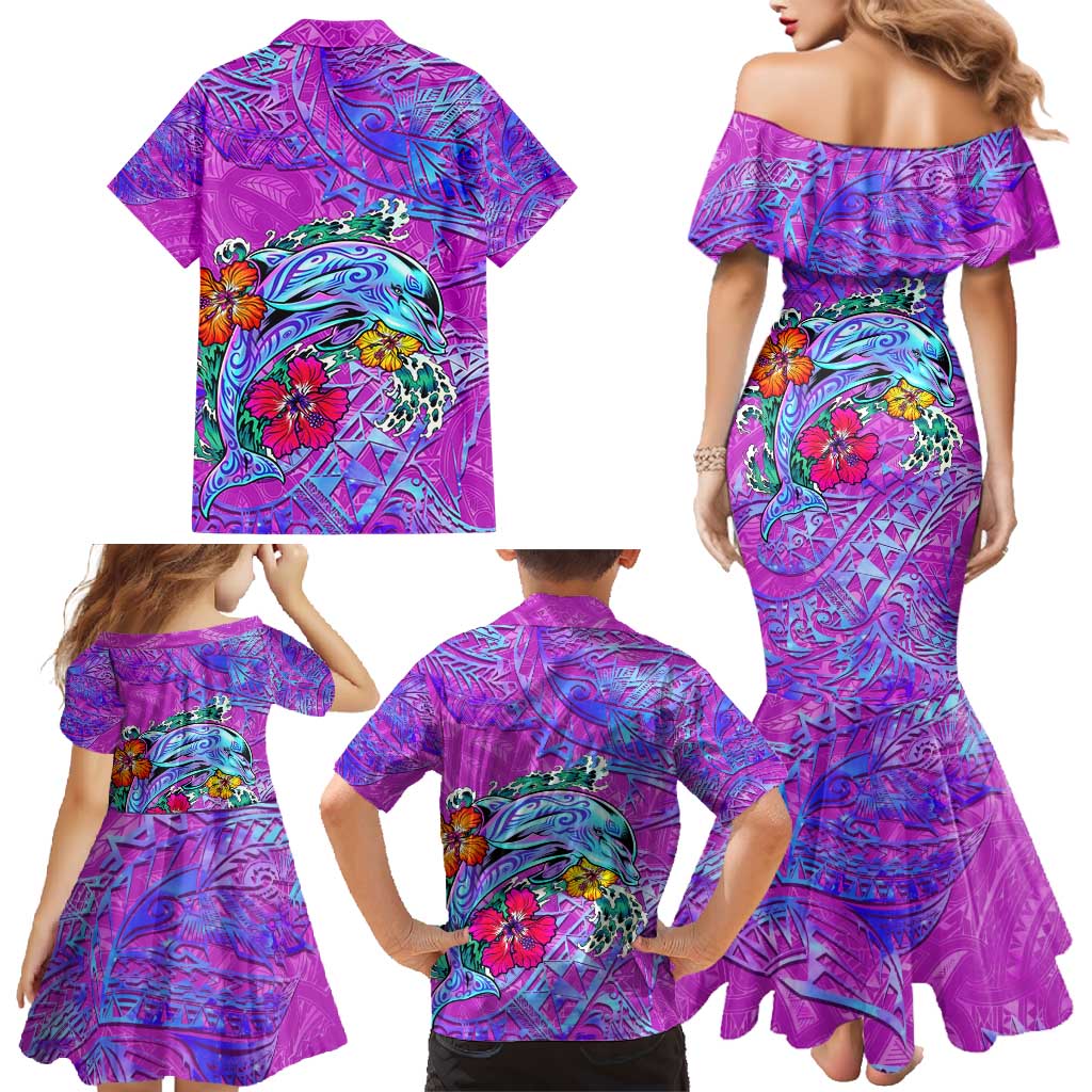 Dolphin Polynesia Family Matching Mermaid Dress and Hawaiian Shirt Hibiscus Tropical Wave - Purple Vibes DT02 - Polynesian Pride