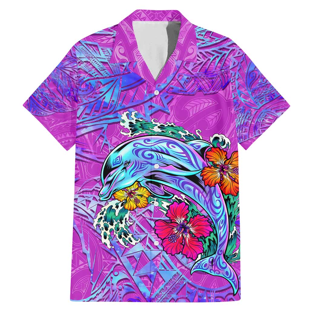 Dolphin Polynesia Family Matching Mermaid Dress and Hawaiian Shirt Hibiscus Tropical Wave - Purple Vibes DT02 Dad's Shirt - Short Sleeve Purple - Polynesian Pride