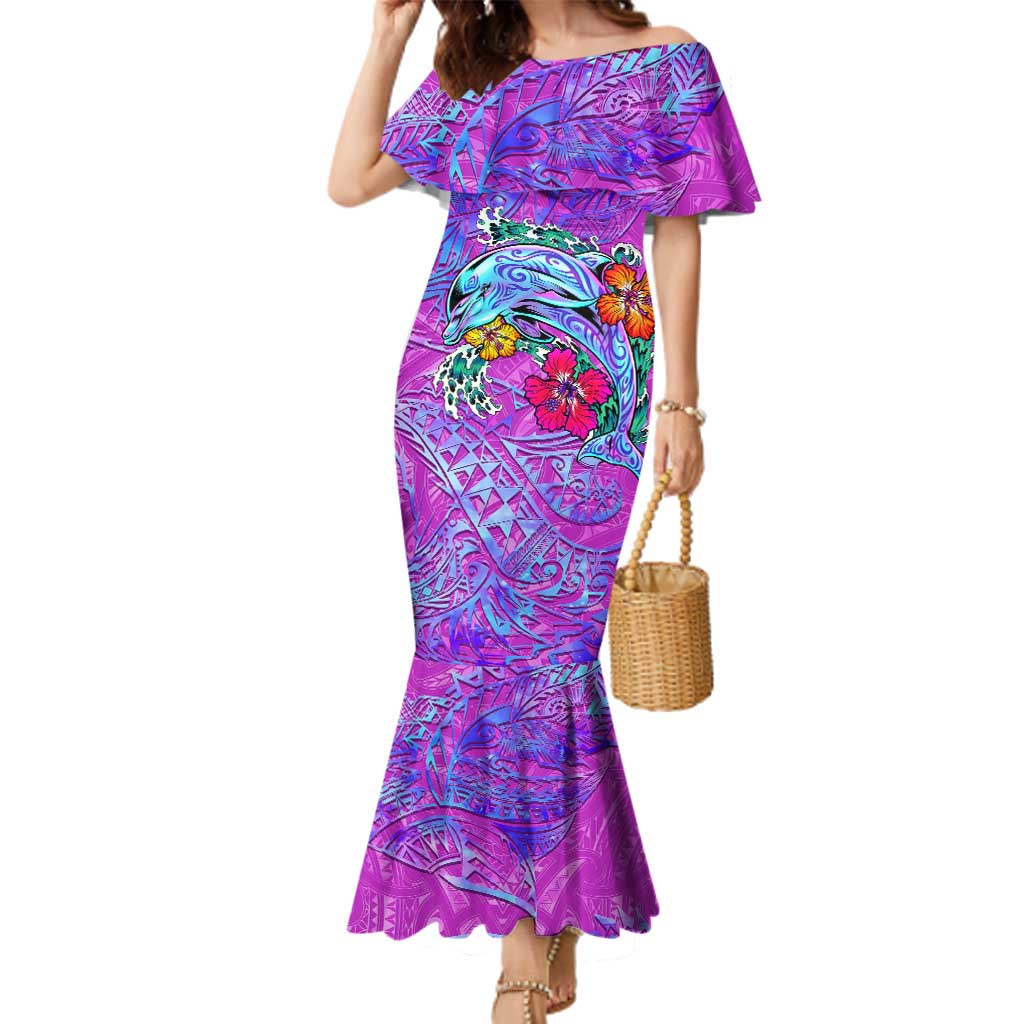 Dolphin Polynesia Family Matching Mermaid Dress and Hawaiian Shirt Hibiscus Tropical Wave - Purple Vibes DT02 Mom's Dress Purple - Polynesian Pride