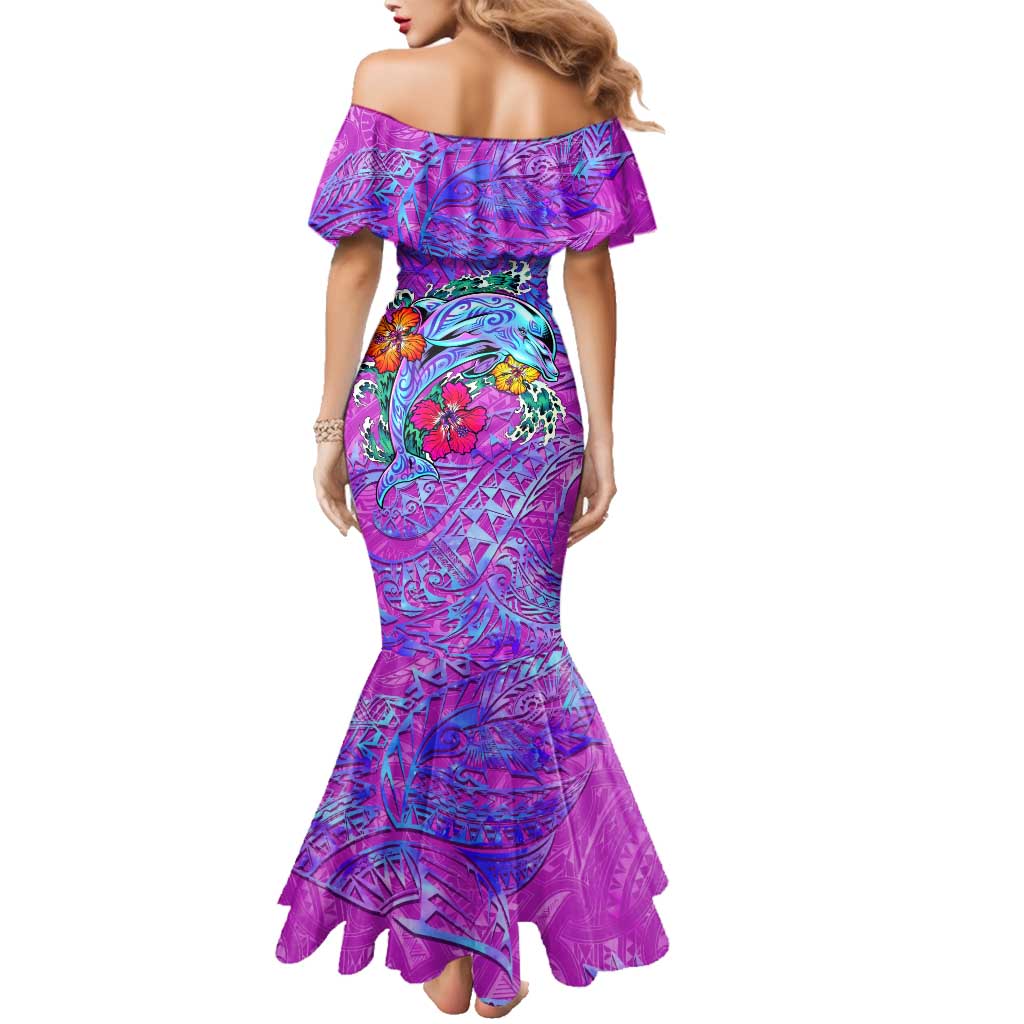 Dolphin Polynesia Family Matching Mermaid Dress and Hawaiian Shirt Hibiscus Tropical Wave - Purple Vibes DT02 - Polynesian Pride