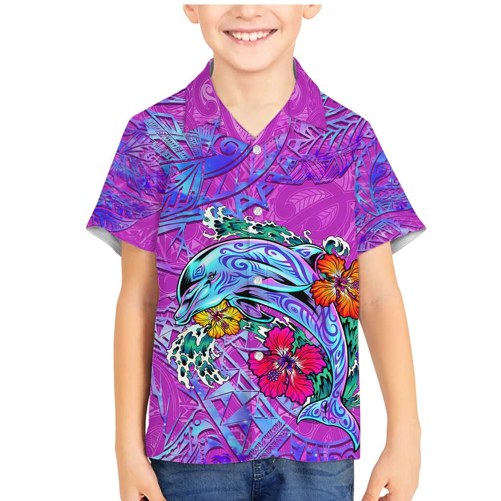 Dolphin Polynesia Family Matching Mermaid Dress and Hawaiian Shirt Hibiscus Tropical Wave - Purple Vibes DT02 Son's Shirt Purple - Polynesian Pride