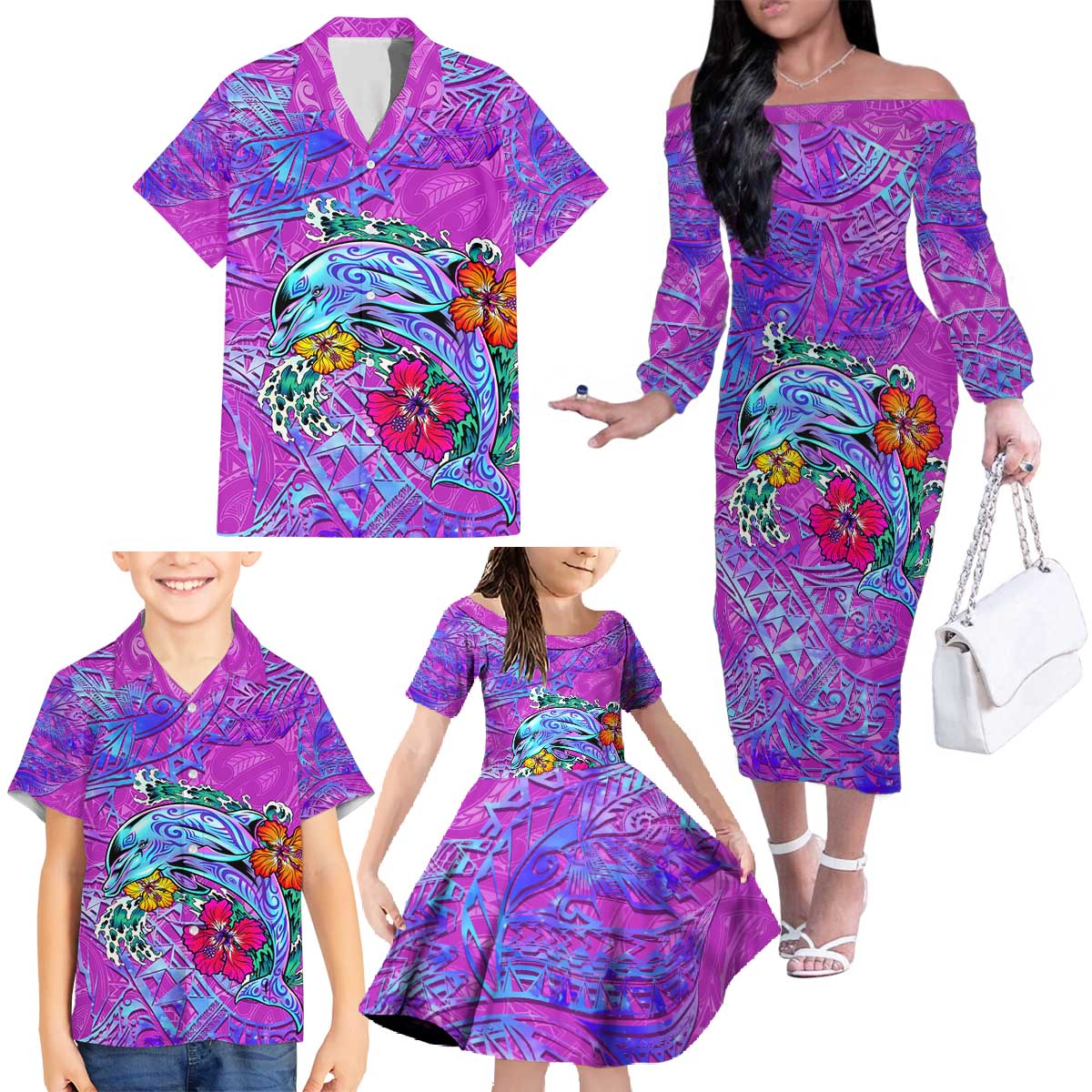 Dolphin Polynesia Family Matching Off The Shoulder Long Sleeve Dress and Hawaiian Shirt Hibiscus Tropical Wave - Purple Vibes DT02 - Polynesian Pride