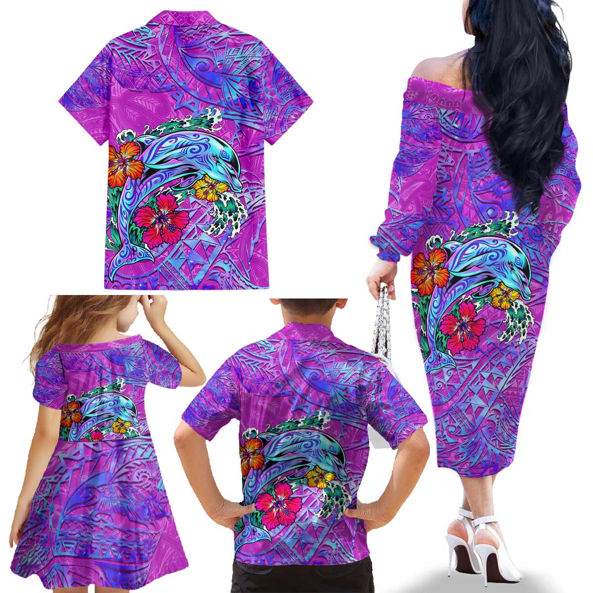Dolphin Polynesia Family Matching Off The Shoulder Long Sleeve Dress and Hawaiian Shirt Hibiscus Tropical Wave - Purple Vibes DT02 - Polynesian Pride