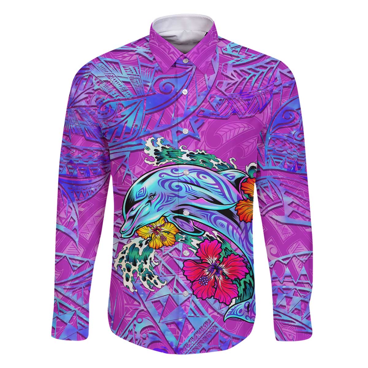 Dolphin Polynesia Family Matching Off The Shoulder Long Sleeve Dress and Hawaiian Shirt Hibiscus Tropical Wave - Purple Vibes DT02 Dad's Shirt - Long Sleeve Purple - Polynesian Pride