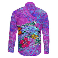 Dolphin Polynesia Family Matching Off The Shoulder Long Sleeve Dress and Hawaiian Shirt Hibiscus Tropical Wave - Purple Vibes DT02 - Polynesian Pride