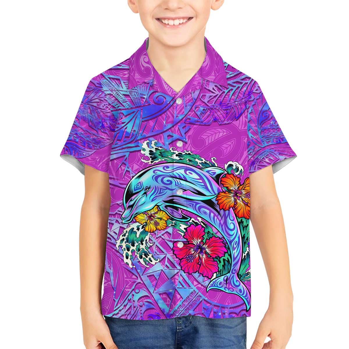 Dolphin Polynesia Family Matching Off The Shoulder Long Sleeve Dress and Hawaiian Shirt Hibiscus Tropical Wave - Purple Vibes DT02 Son's Shirt Purple - Polynesian Pride