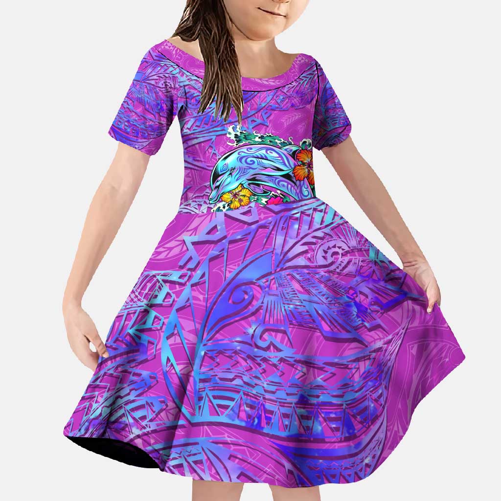 Dolphin Polynesia Family Matching Off Shoulder Maxi Dress and Hawaiian Shirt Hibiscus Tropical Wave - Purple Vibes DT02 Daughter's Dress Purple - Polynesian Pride