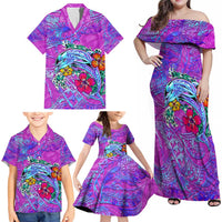 Dolphin Polynesia Family Matching Off Shoulder Maxi Dress and Hawaiian Shirt Hibiscus Tropical Wave - Purple Vibes DT02 - Polynesian Pride