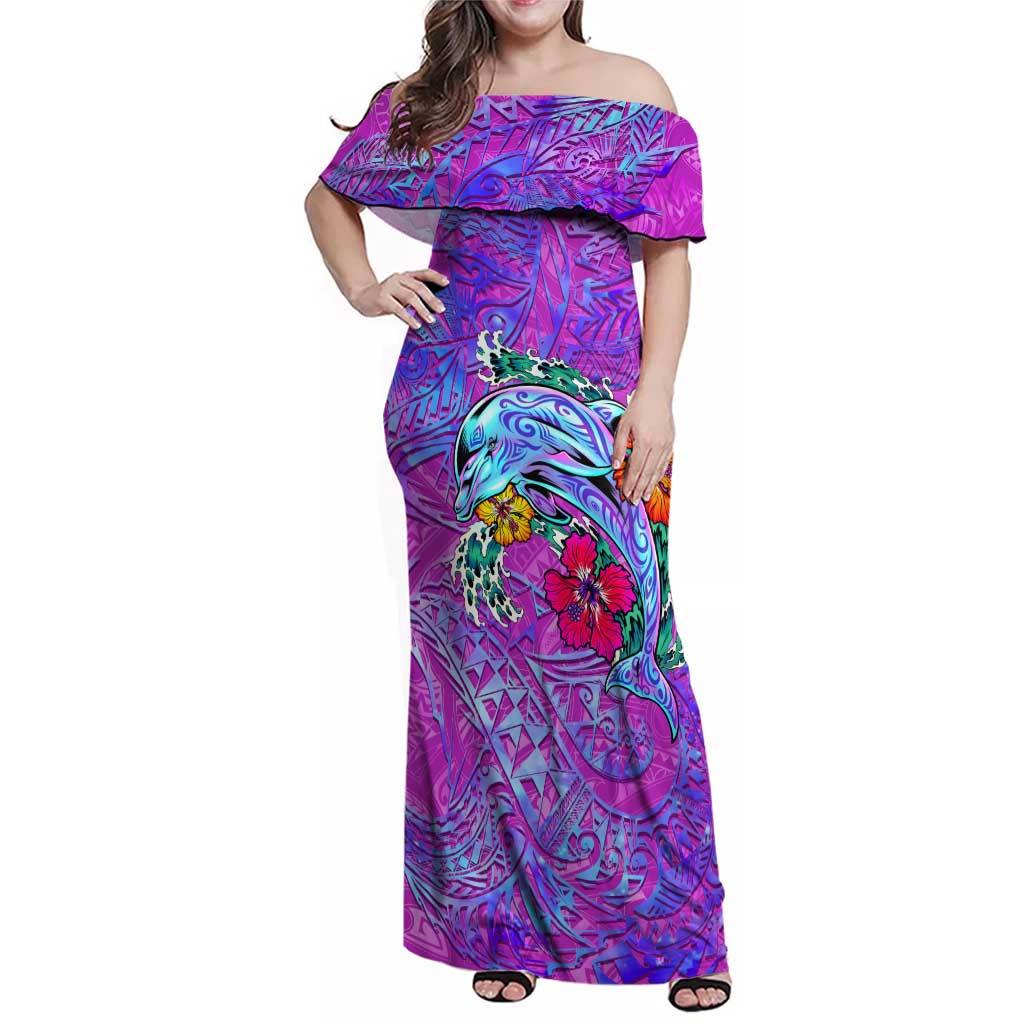 Dolphin Polynesia Family Matching Off Shoulder Maxi Dress and Hawaiian Shirt Hibiscus Tropical Wave - Purple Vibes DT02 Mom's Dress Purple - Polynesian Pride